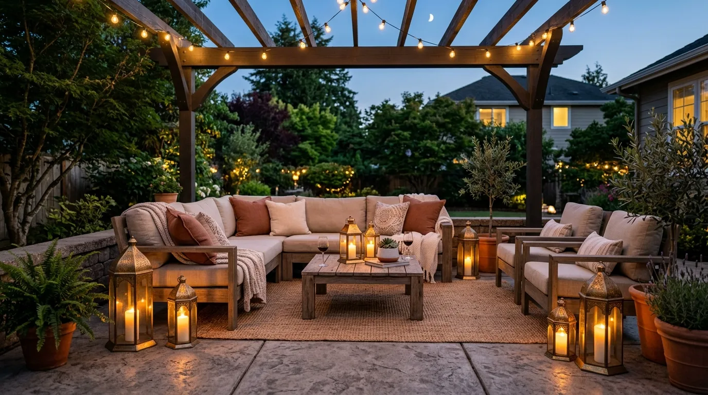 Concrete Patio with Lantern Lighting